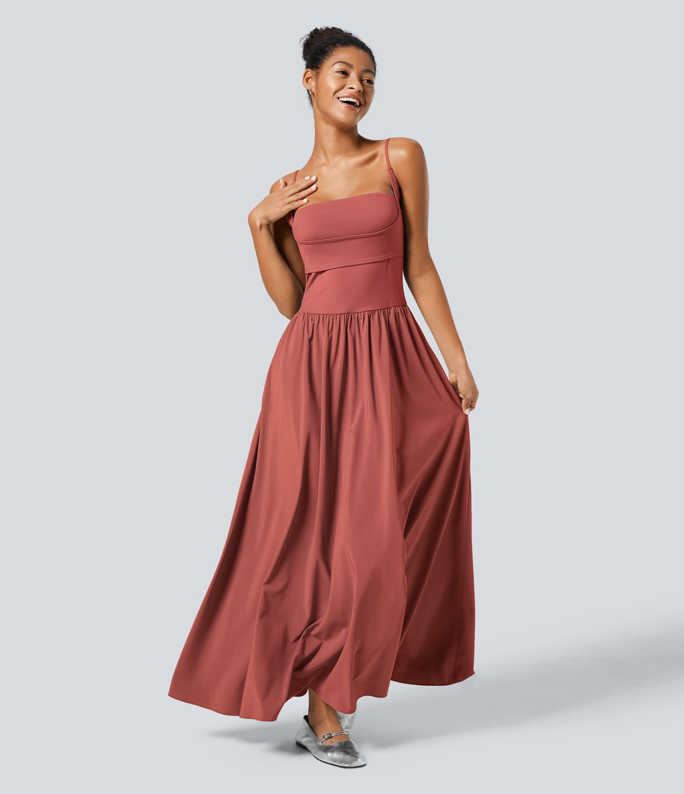 Breezeful™ Robe Débardeur Casual Dos Nu Poches Latérales Plissée Évasée Longue Séchage Rapide