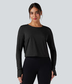 Top de sport yoga col rond manches longues mesh contrastant à découpes liens dans le dos avec trous pouces