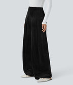 Pantalon de palazzo décontracté en velours côtelé taille haute à plis avec poches multiples