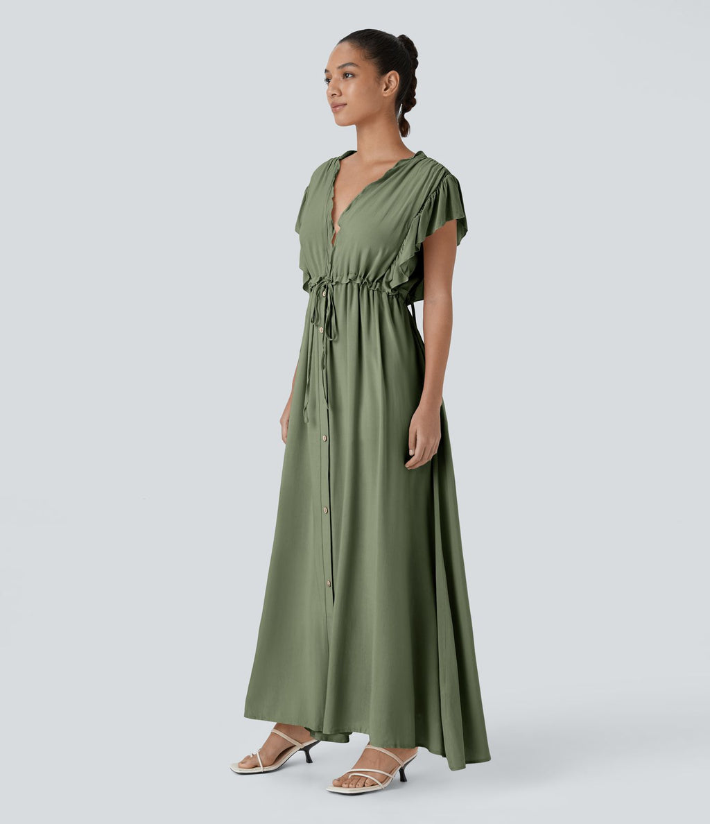 Robe Casual Maxi Flowy Encolure en V Profond Manches Papillon Dos Nu Cordon de Serrage Boutonnés Poches Latérales