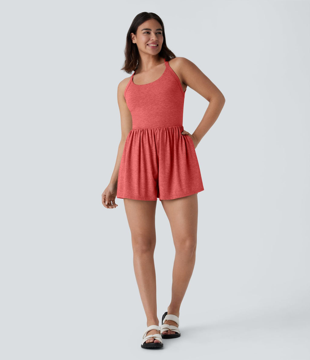 Combishort de villégiature 2-en-1 à dos nu, design torsadé, poches latérales - Édition Easy Peasy