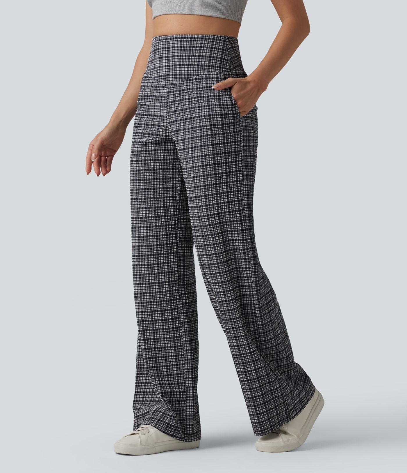 Pantalon large taille haute ventre plat à carreaux en tissu froissé séchage rapide avec poches