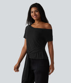 T-shirt décontracté asymétrique manches courtes soutien-gorge intégré nœud devant