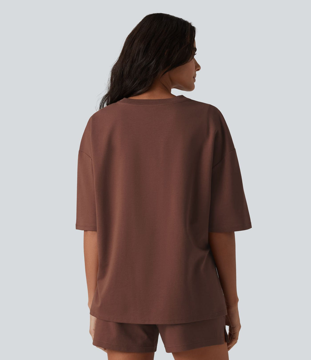 T-shirt décontracté en coton col rond manches mi-longues coupe ample à séchage rapide