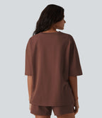 T-shirt décontracté en coton col rond manches mi-longues coupe ample à séchage rapide
