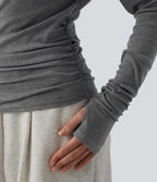T-shirt décontracté asymétrique en mélange de laine à une épaule et manches longues