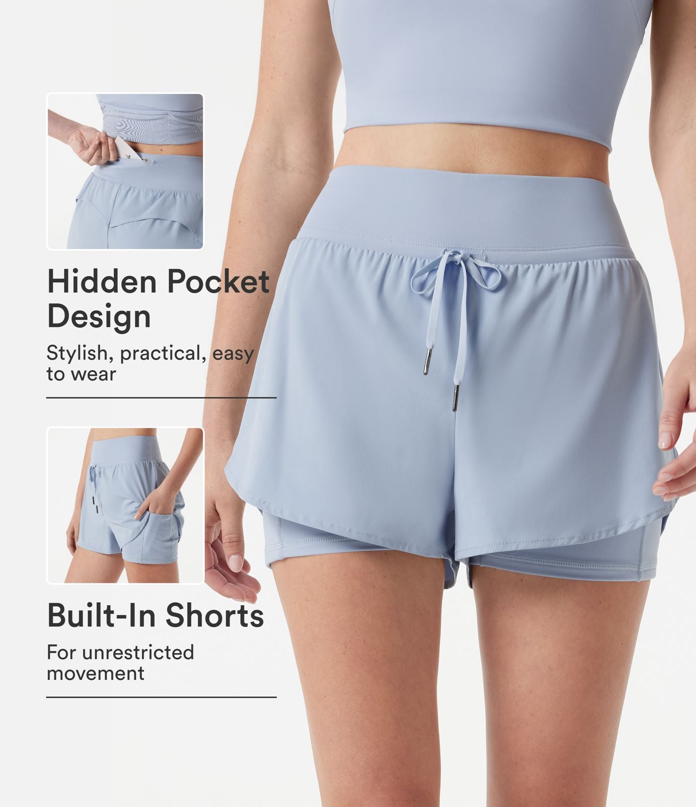 Short de sport 2-en-1 Breezeful™ taille haute à cordon ajustable, séchage rapide et poches