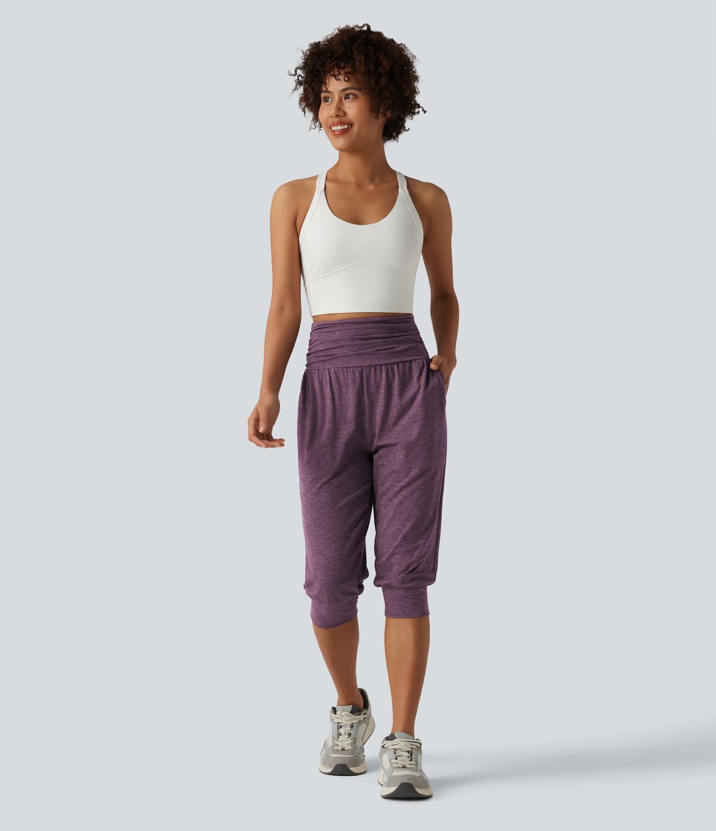 Jogging yoga corsaire chiné taille haute à fronces avec poches