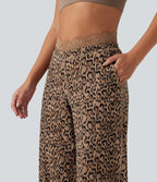 Pantalon de yoga droit taille haute Halara UltraSculpt™ léopard avec dentelle contrastée et poches