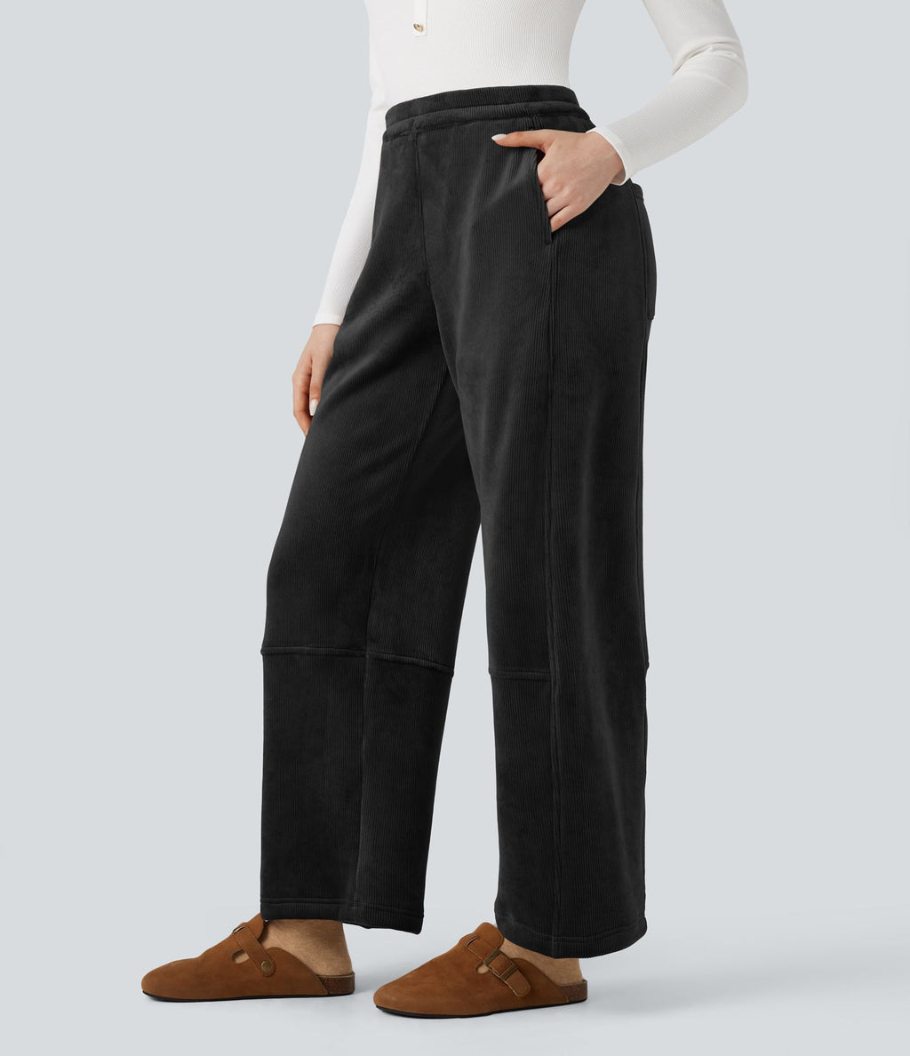 Pantalon barrel polaire côtelé taille mi-haute avec poches