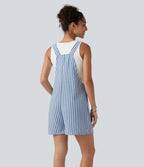 Salopette short casual rayée à toucher lin avec bretelles nouées et poches