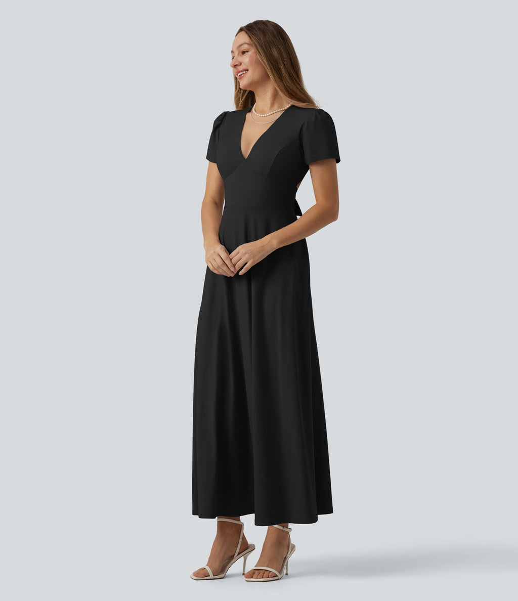 Robe mariage maxi fluide col V à manches courtes, dos nu avec lien noué et brassière intégrée