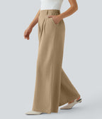 Pantalon Fluide Large Taille Haute Poches Latérales Palazzo Solide Casual Linen-Feel
