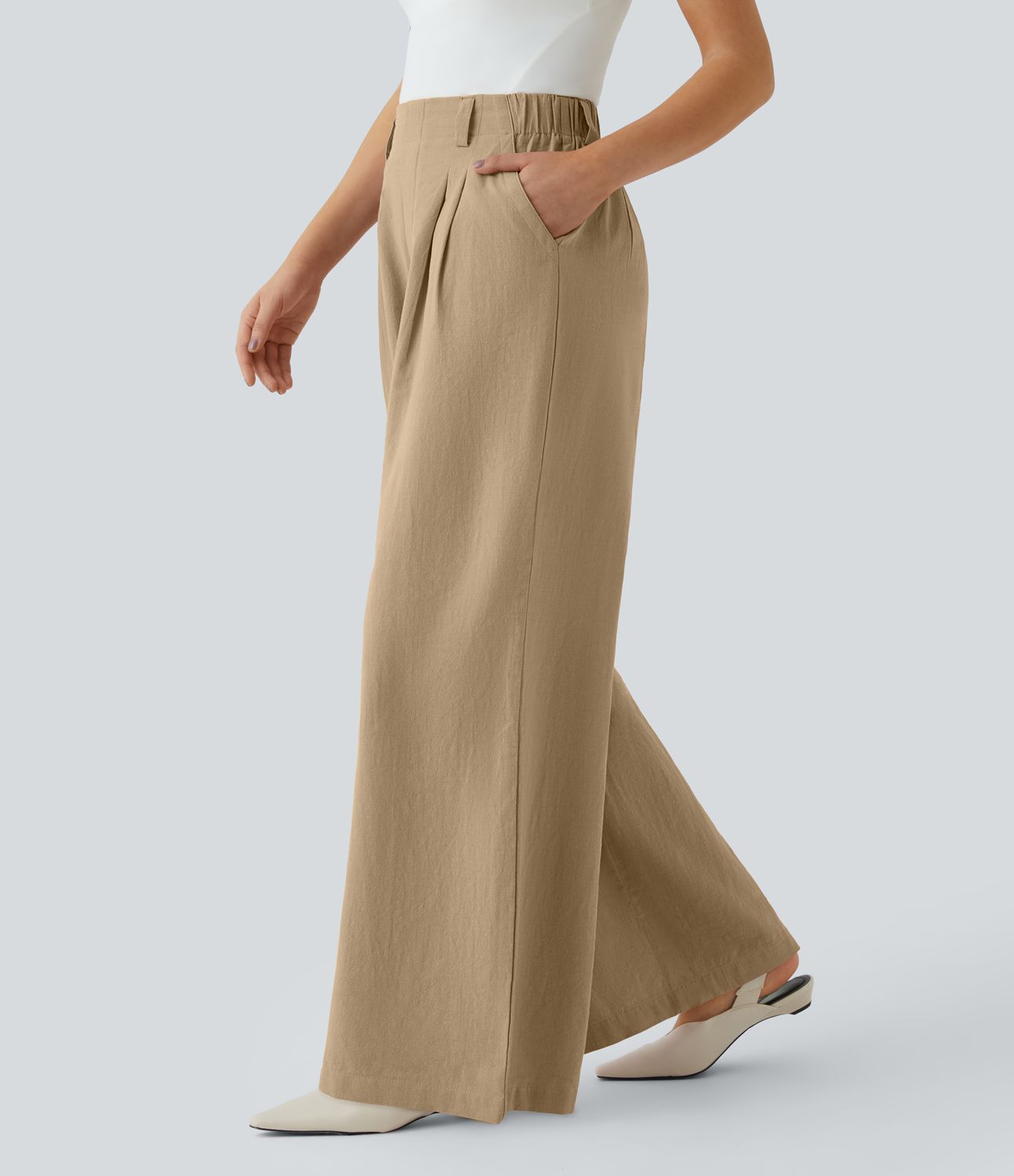 Pantalon Fluide Large Taille Haute Poches Latérales Palazzo Solide Casual Linen-Feel