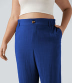 Pantalon de villégiature capri effet lin, grande taille, taille haute, avec poches