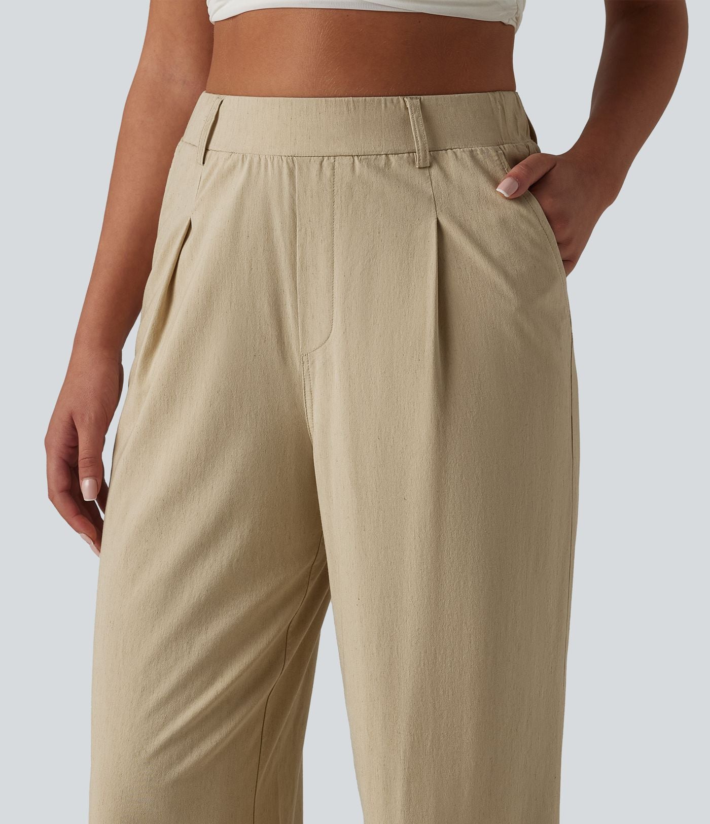 Pantalon taille haute casual en lin stretch coupe droite avec poches