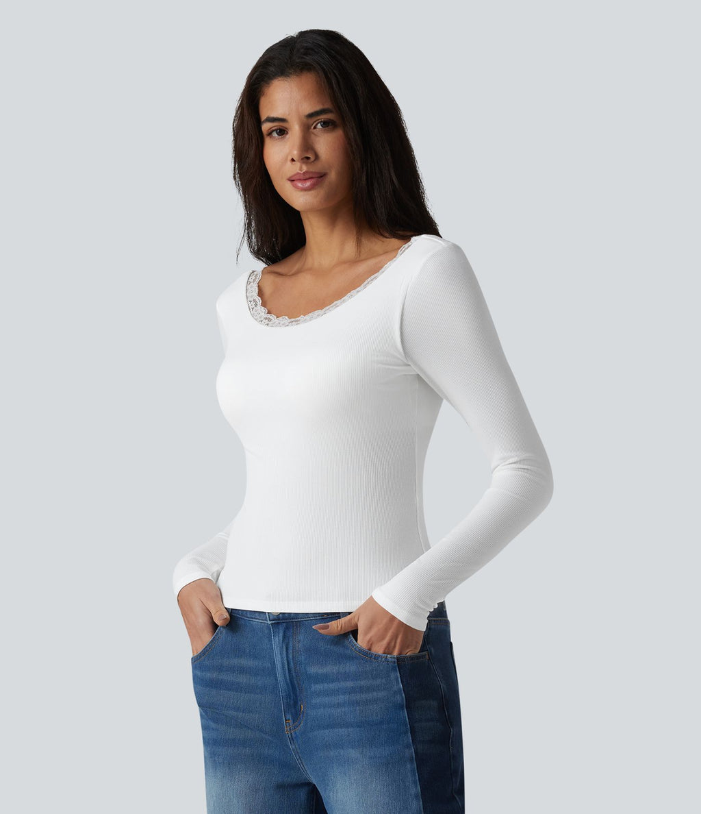 Haut casual en maille côtelée à manches longues, col rond échancré, dos en U, dentelle contrastée et soutien-gorge intégré