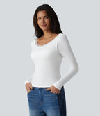 Haut casual en maille côtelée à manches longues, col rond échancré, dos en U, dentelle contrastée et soutien-gorge intégré