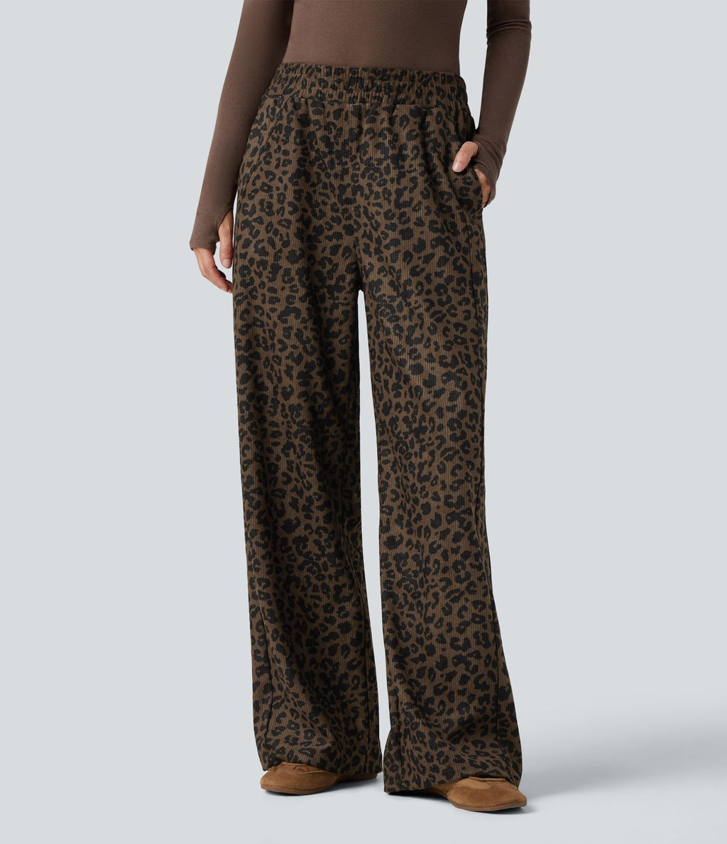 Pantalon léopard velours côtelé imprimé coupe droite mop taille haute avec poches