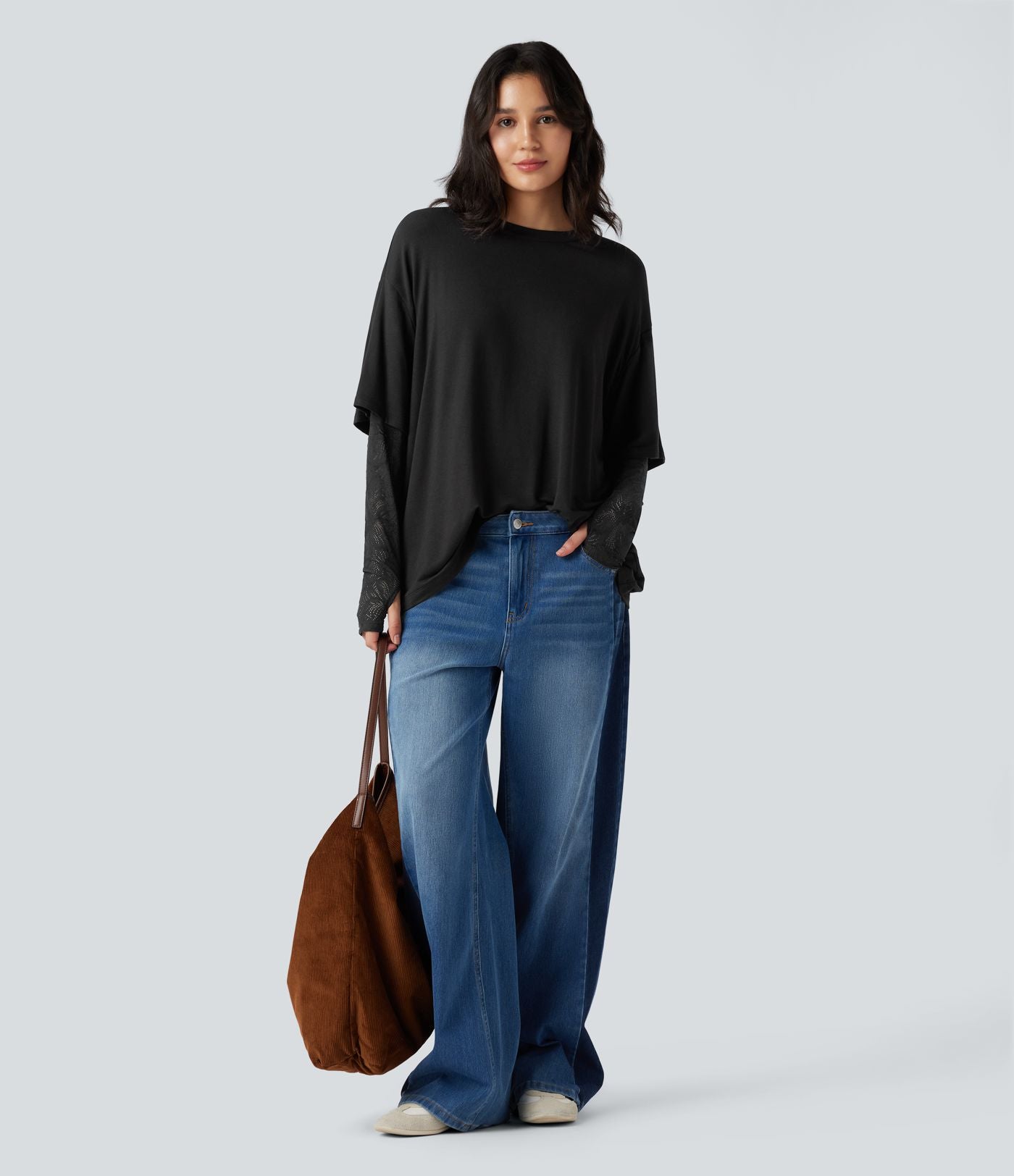 Top 2-en-1 dentelle contrastante col rond manches longues avec trous pouces