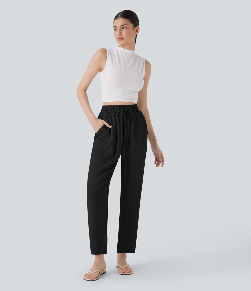 Pantalon décontracté taille haute avec cordon de serrage et poches