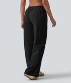 Pantalon cargo décontracté en popeline stretch taille mi-haute, coupe jambe large avec poches