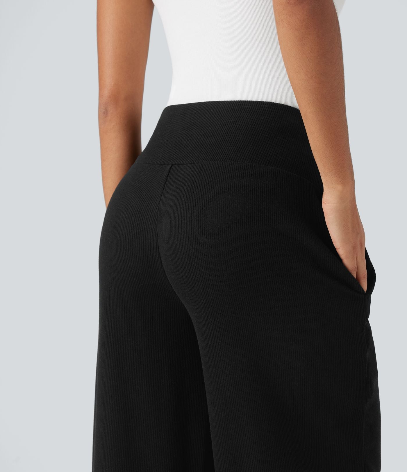 Pantalon jogging large décontracté côtelé gainant taille haute avec cordon de serrage et poches