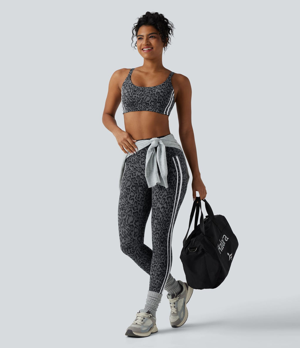 Legging 7/8 d'entraînement taille haute gainant imprimé léopard et rayures color block Halara UltraSculpt™ avec poches
