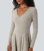 Robe décontractée mini évasée maille côtelée col V manches longues