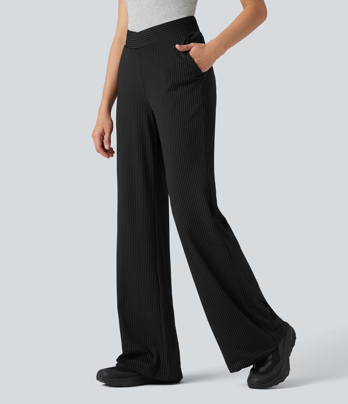 Pantalon décontracté évasé à rayures, taille haute, séchage rapide, ceinture en V, avec poches - Protection solaire UPF40+