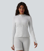 Veste de yoga à capuche manches longues avec trous pour pouces et rayures avec poches