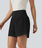 Short baggy 2-en-1 casual en tissu froissé taille haute avec poches