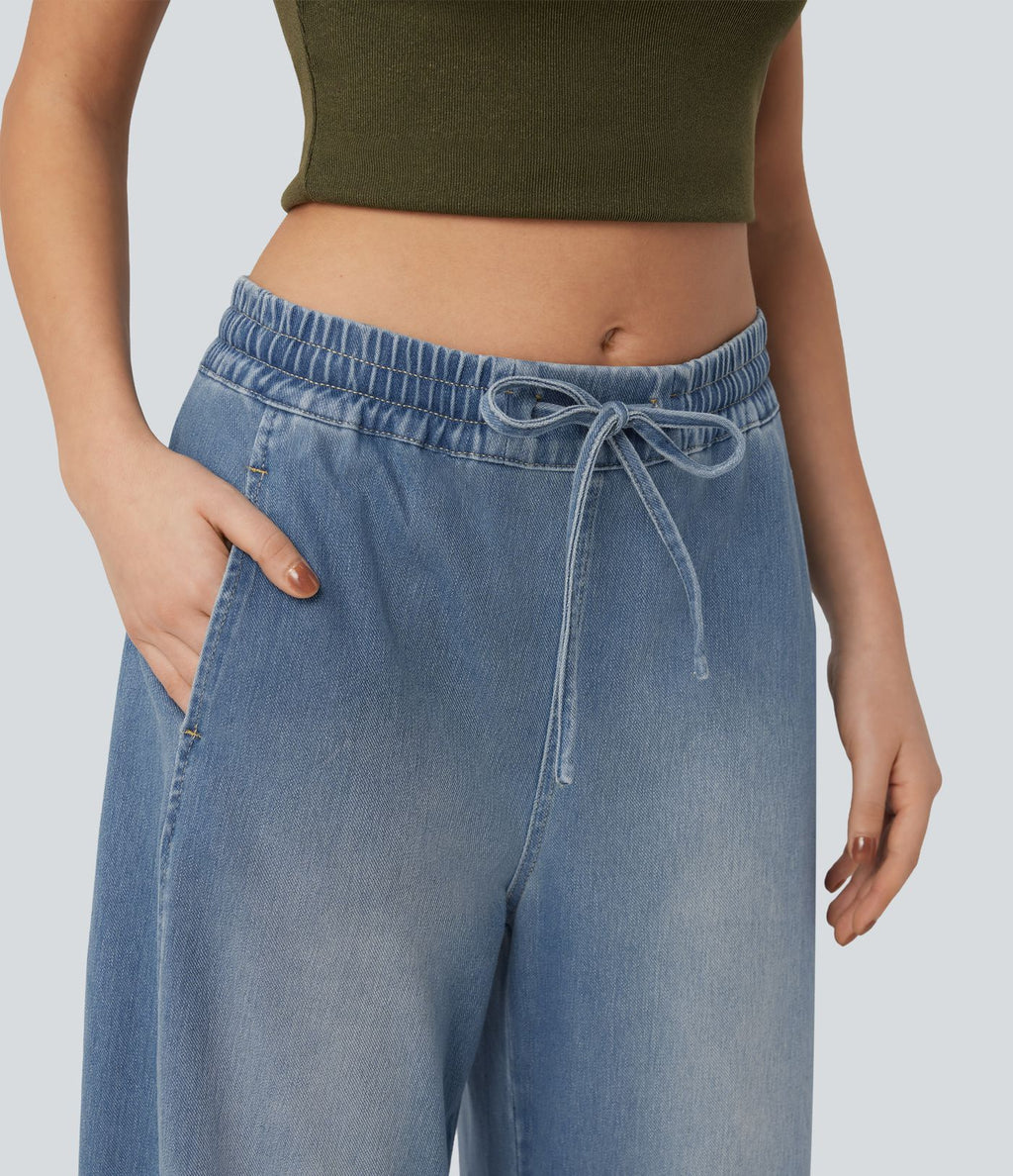 Jean jogging barrel Halara Flex™ molleton français délavé jambe ballon taille mi-haute avec cordon de serrage et poches