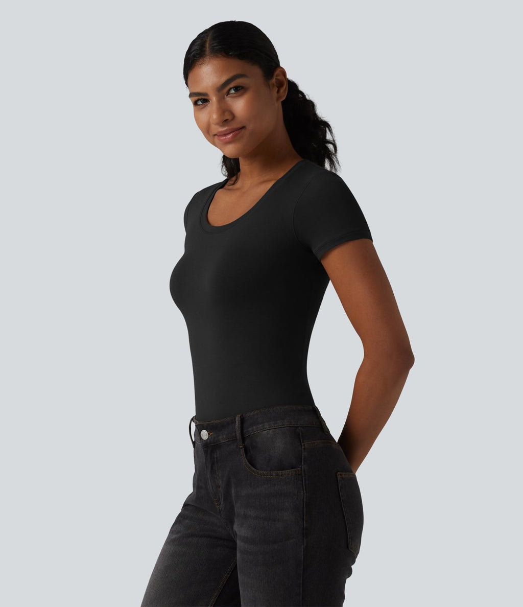 Halara T-shirt en jersey de coton col rond échancré manches courtes avec soutien-gorge intégré bonnets B-DD