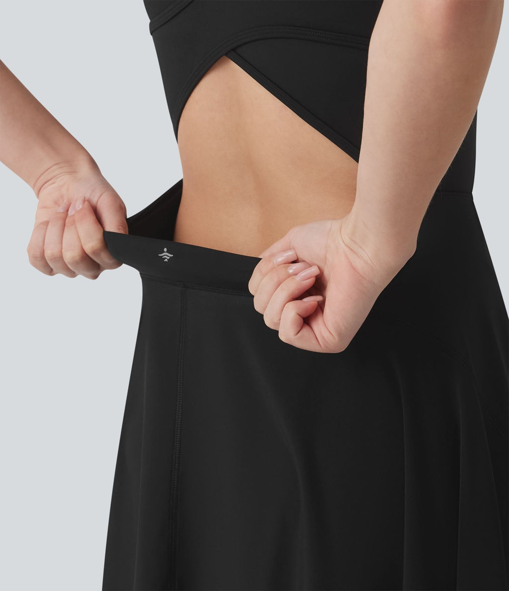 Robe de sport danse mi-longue Breezeful™ col carré dos nu croisé avec brassière intégrée 2-en-1 séchage rapide et poche - Easy Peasy