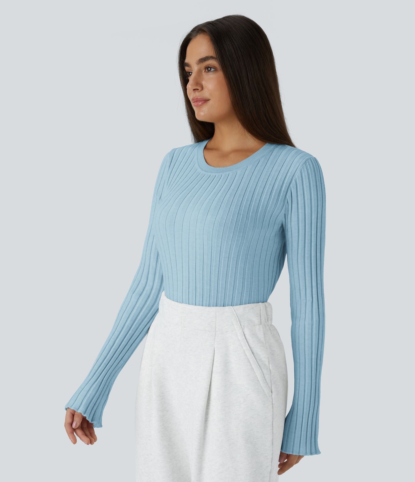 Pull Décontracté à Col Rond, Manches Longues et Volants