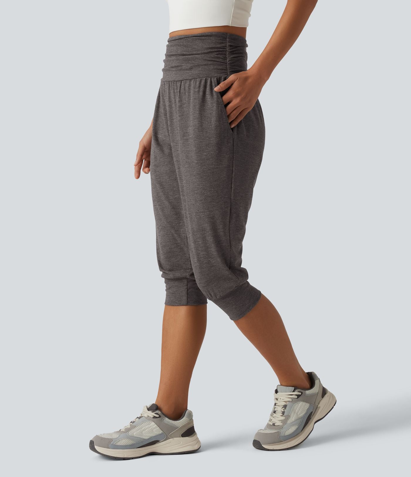 Jogging yoga corsaire chiné taille haute à fronces avec poches