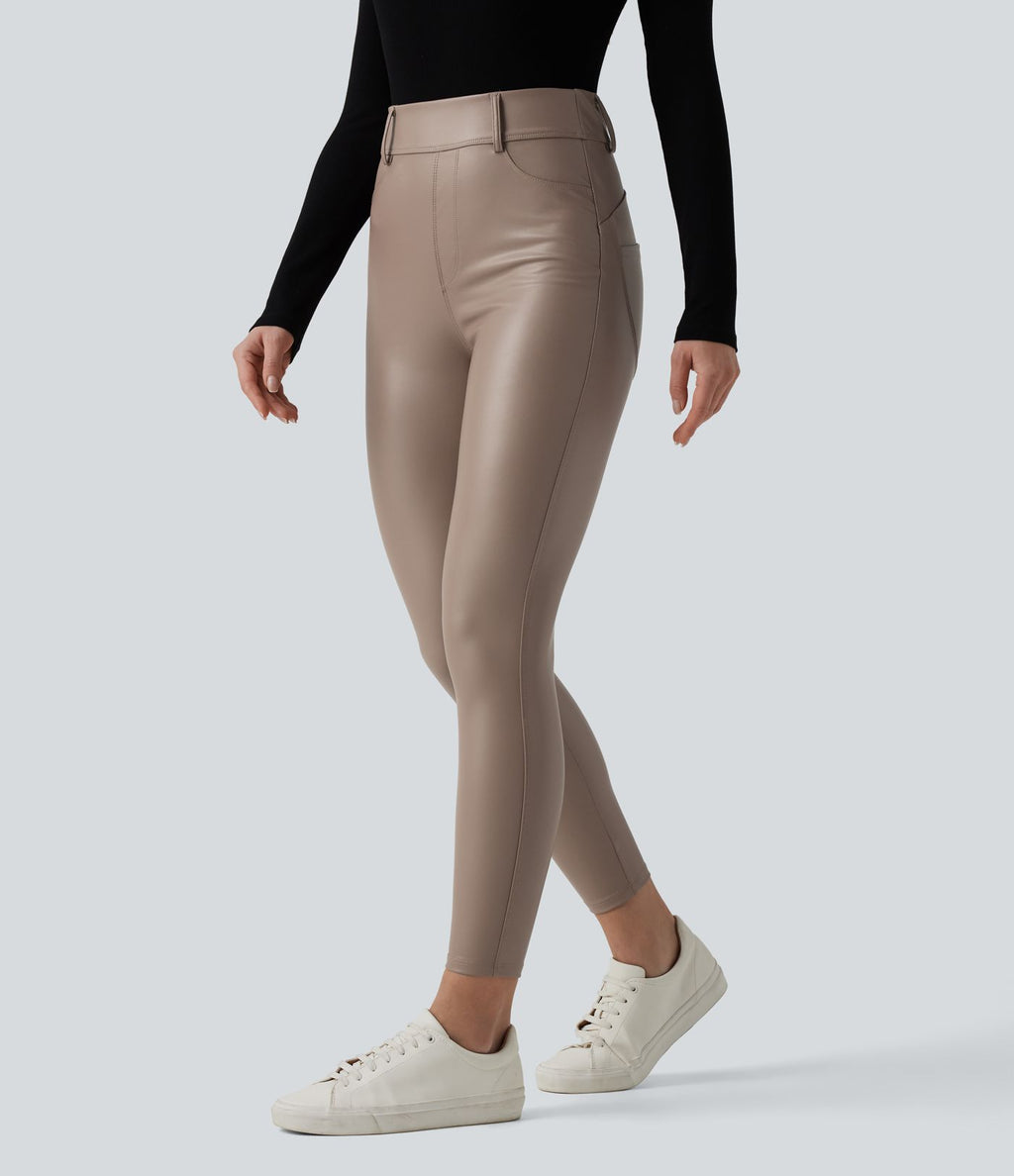 Pantalon polaire simili cuir extensible taille haute avec poches