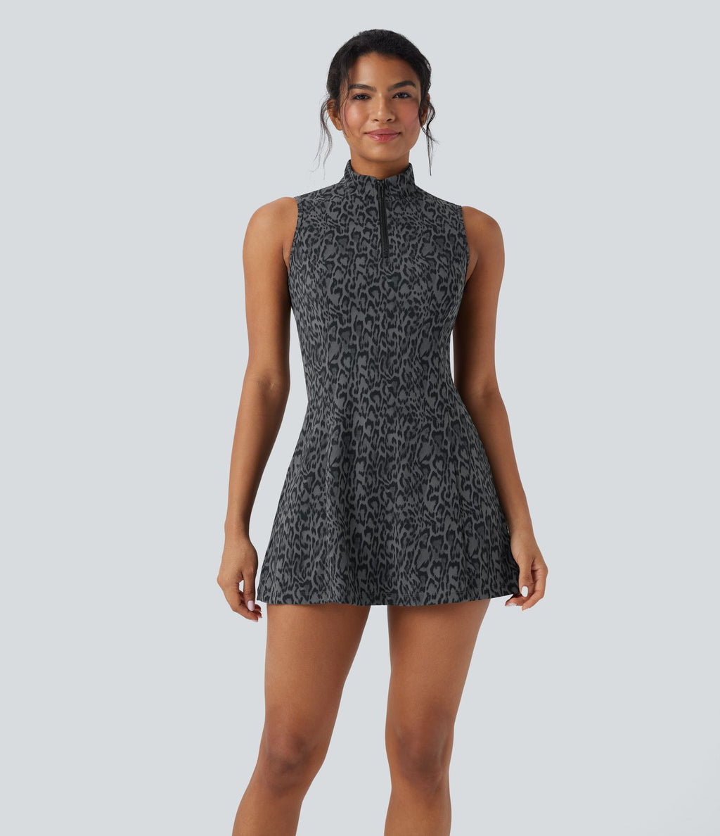 Robe de tennis active micro Halara UltraSculpt™ imprimé léopard col polo demi-fermeture éclair sans manches avec poches