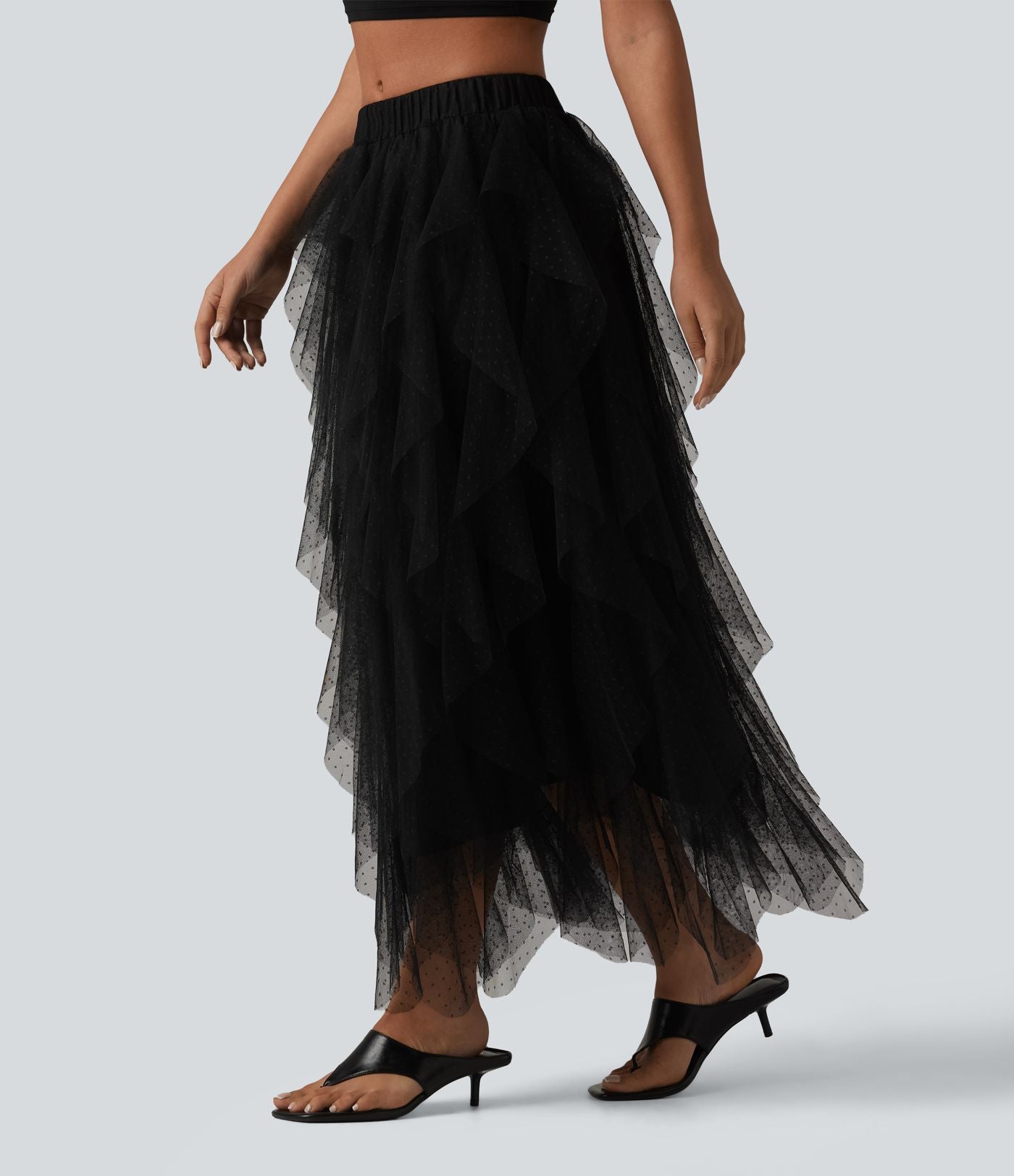Jupe midi resort asymétrique à volants en maille taille mi-haute