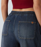 Jean jogging barrel Halara Flex™ molleton français délavé jambe ballon taille mi-haute avec cordon de serrage et poches