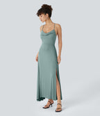 Robe Soirée Midi Encolure Côtelée Dos Nu Lacets Croisés Fendue