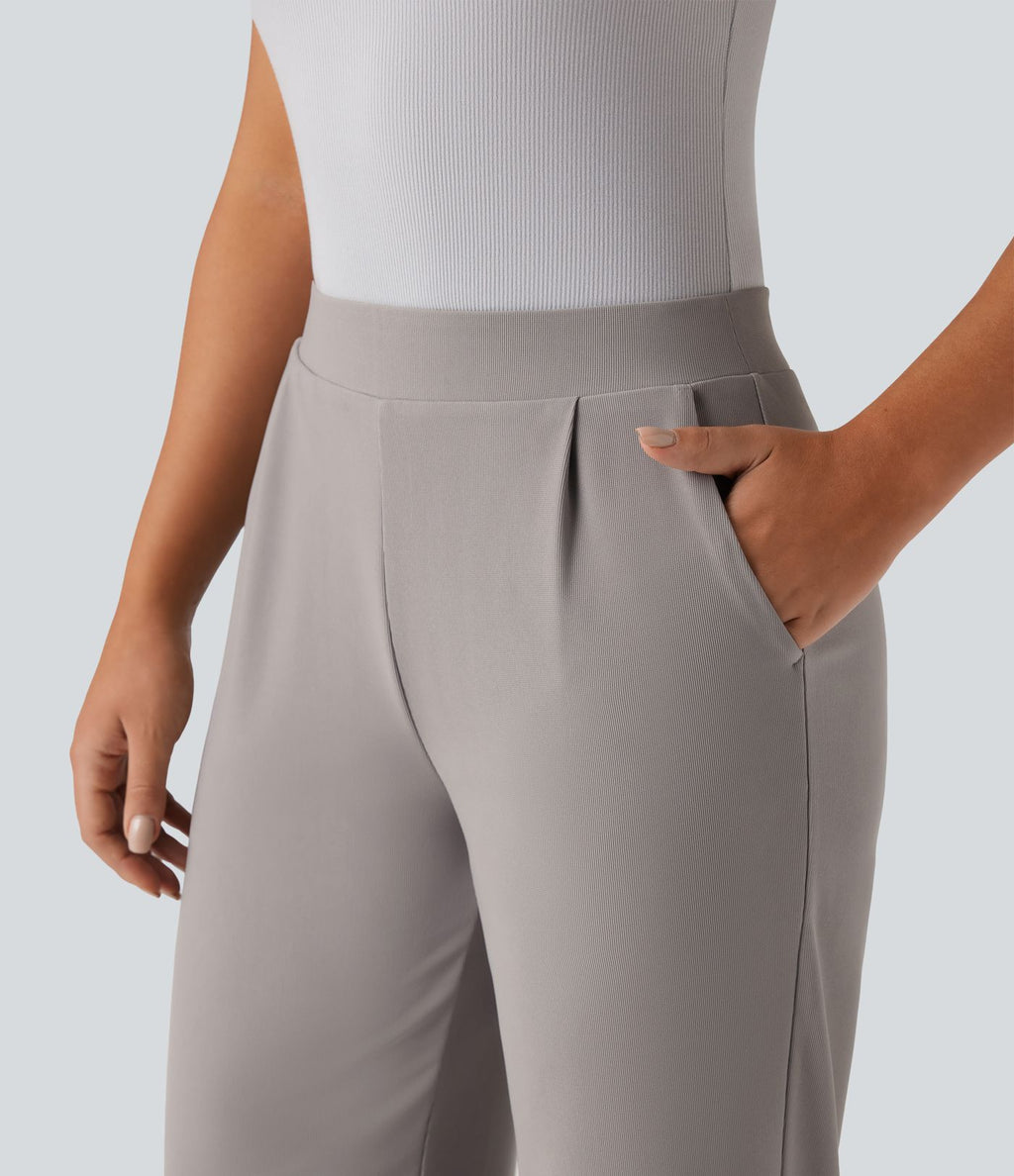 Pantalon tailleur large gainant sculptant taille haute en micro-gaufré avec poches Halara Flex™