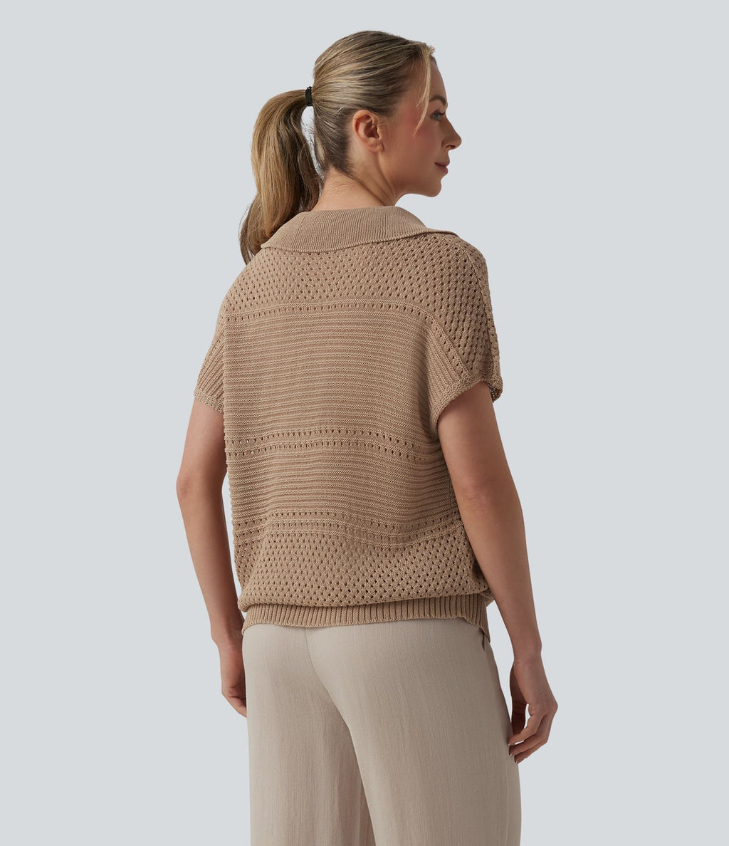 Pull resort col V manches chauve-souris courtes crochet