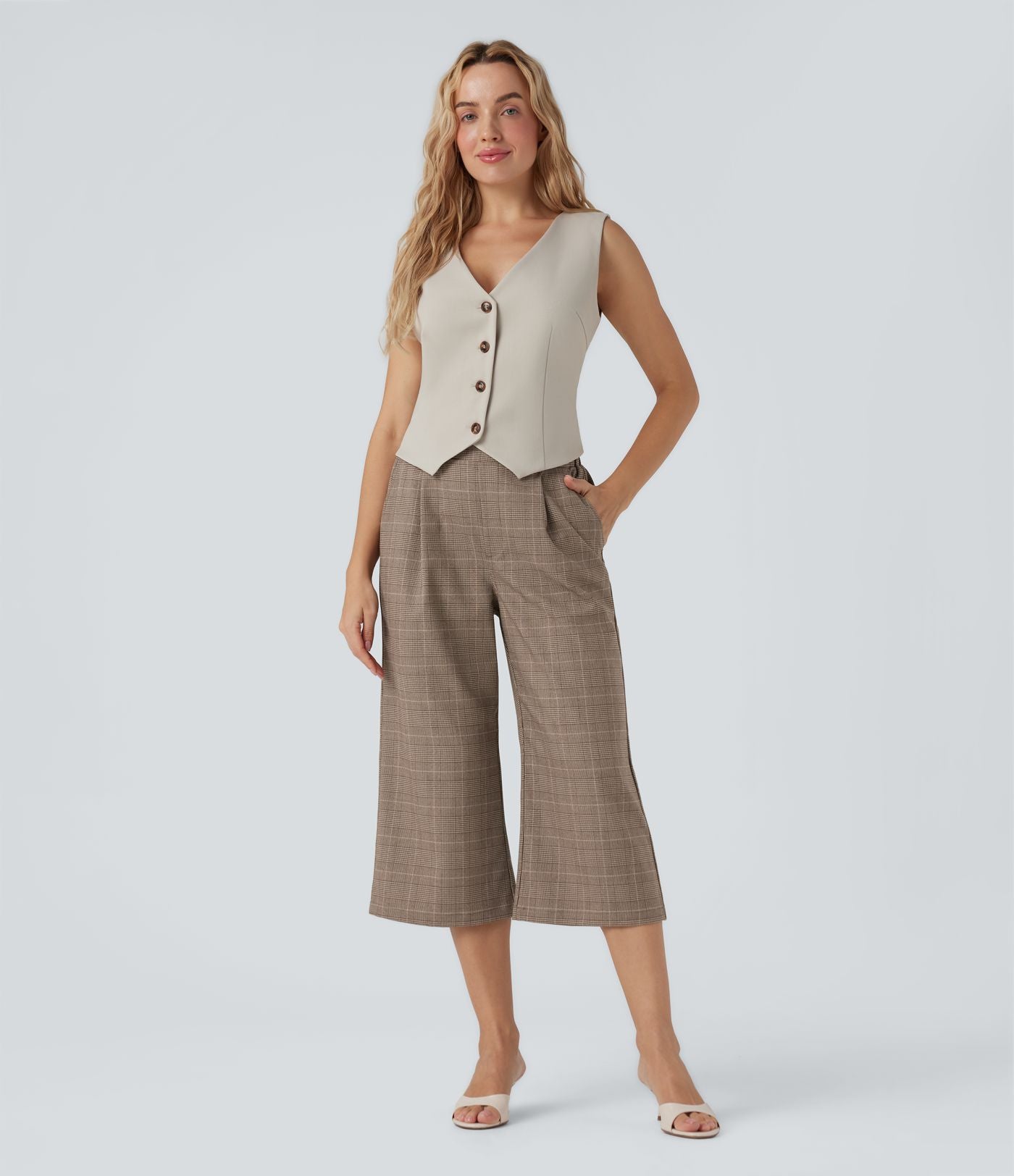 Pantalon de travail Halara Flex™ bootcut à carreaux pied-de-poule, taille haute, avec poches