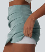 Jupe mini moulante casual 2-en-1 aspect lin taille haute avec fermeture éclair invisible, drapé froncé et ourlet croisé