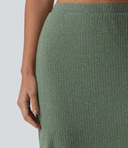 Jupe midi moulante côtelée taille haute aspect lin décontractée