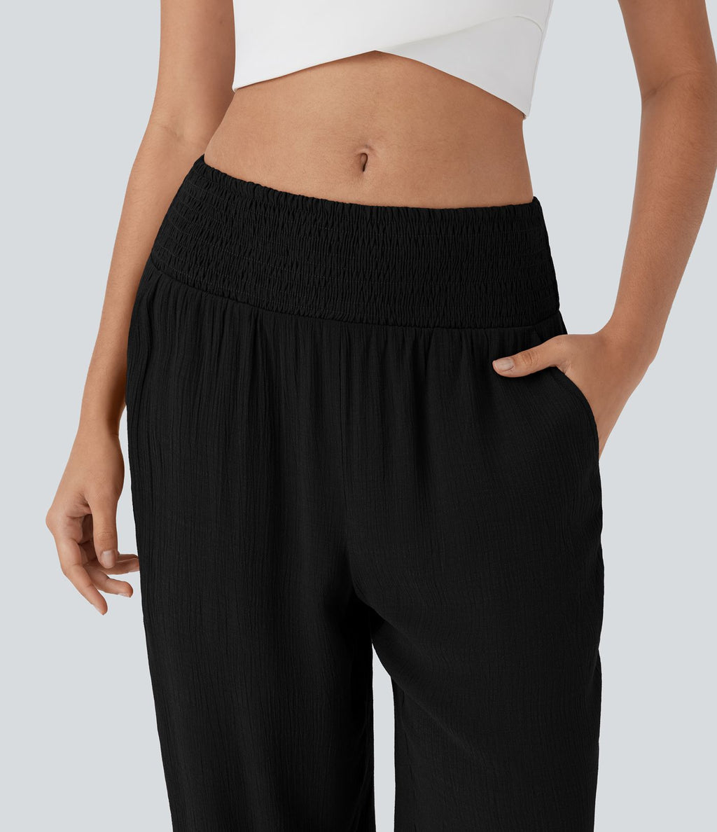 Pantalon de Vacances Taille Moyenne avec Fronces et Poches Latérales  et Aspect Lin