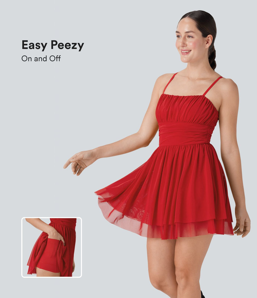 Robe active slip de danse mini 2-en-1 avec superposition en mesh froncée à volants et poche-Easy Peasy