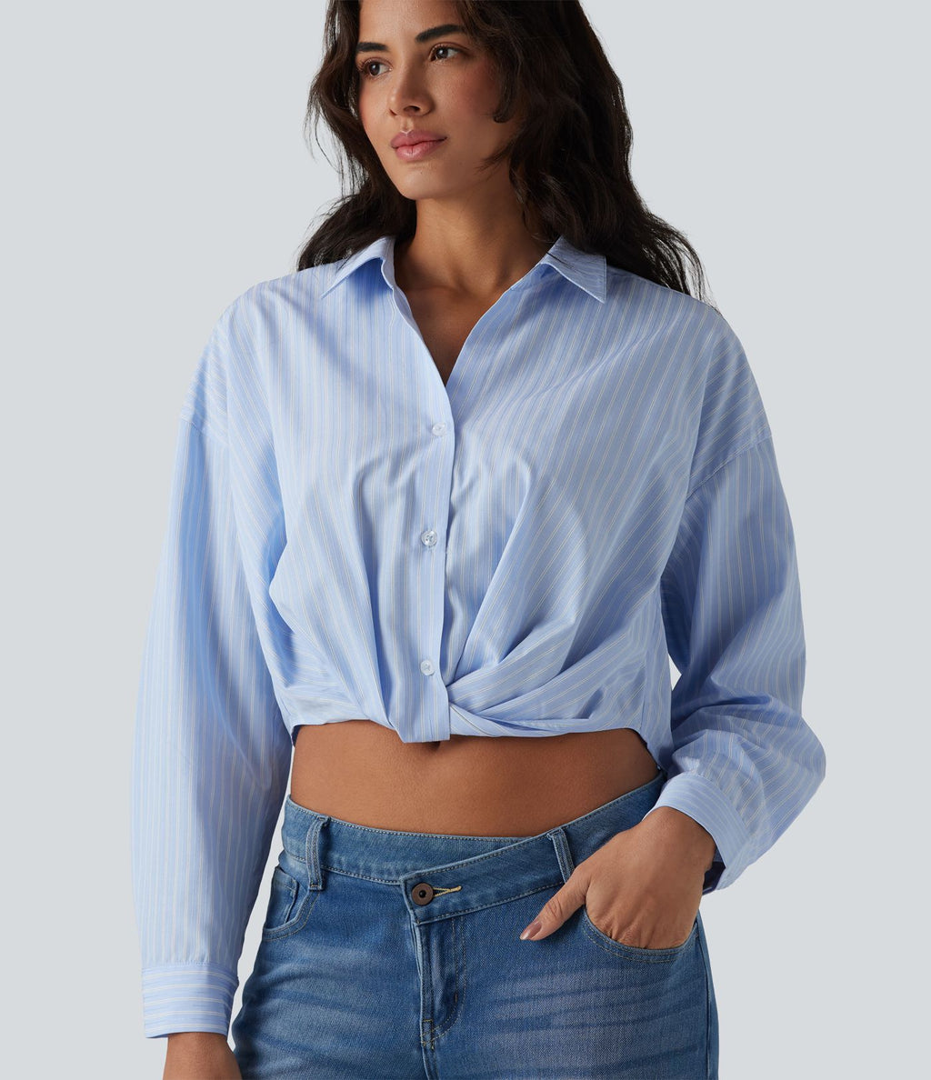 Chemise casual col manches retroussées torsadée asymétrique à rayures